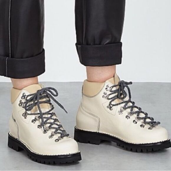 PROENZA SCHOULER White Leather Lug Sole Cord Ankle Combat Hiking Boot 37/US 6.5 - Picture 1 of 15